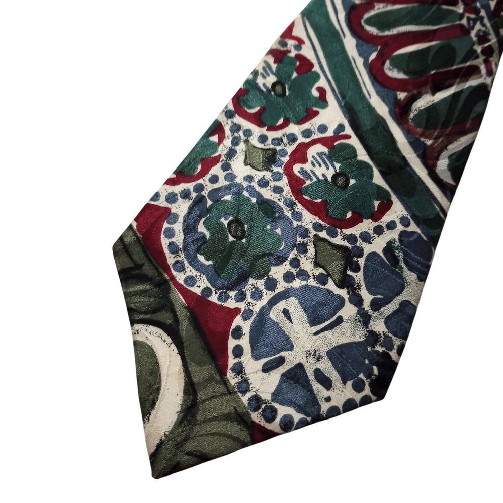 417 by Van Heusen Mens Silk Tie Abstract Floral Geometric Green Red Blue Vintage
